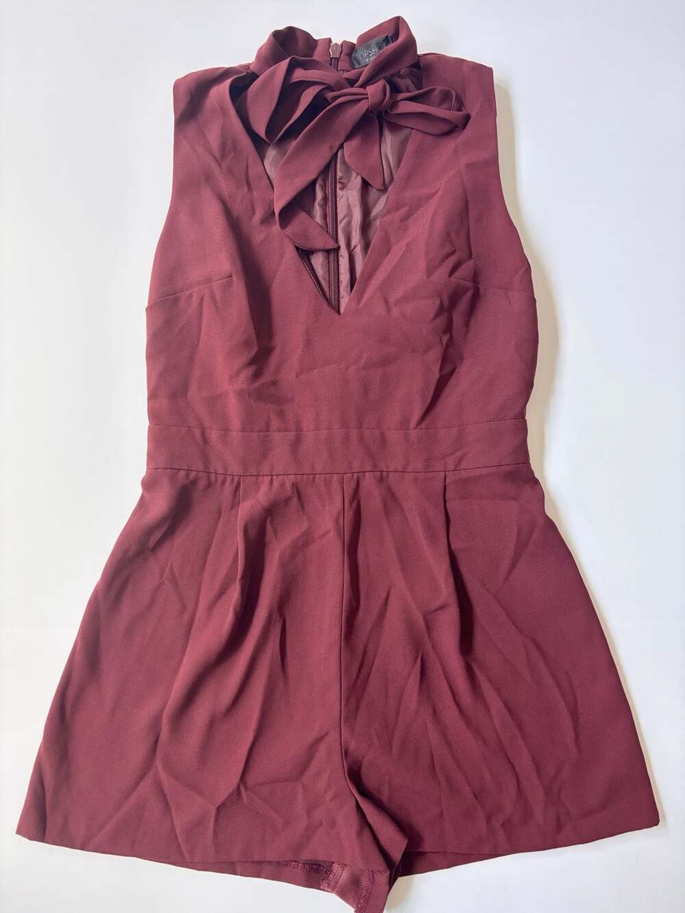 Topshop Burgundy Bow Neck Romper US 6 Sleeveless Wide Leg Shorts Tie Neck